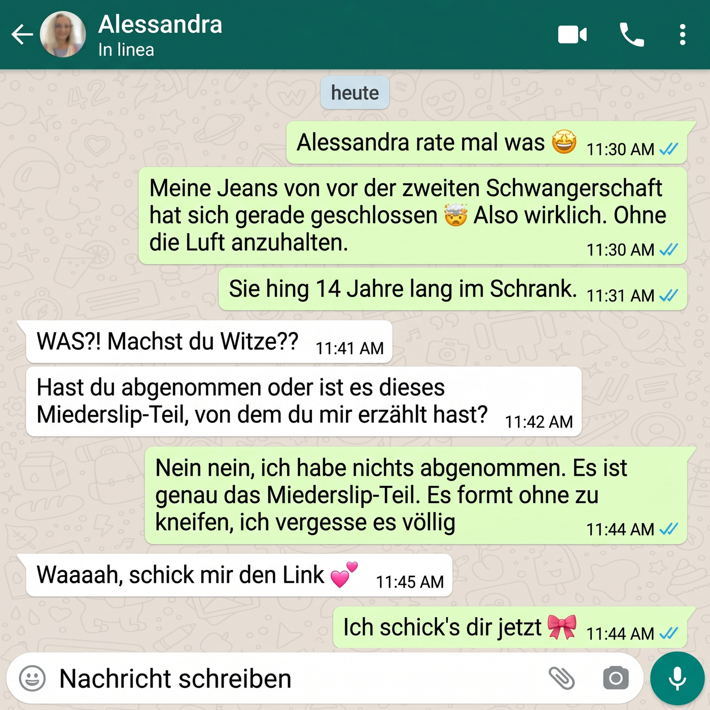 WhatsApp-Screenshot — Jeans nach 16 Jahren geschlossen